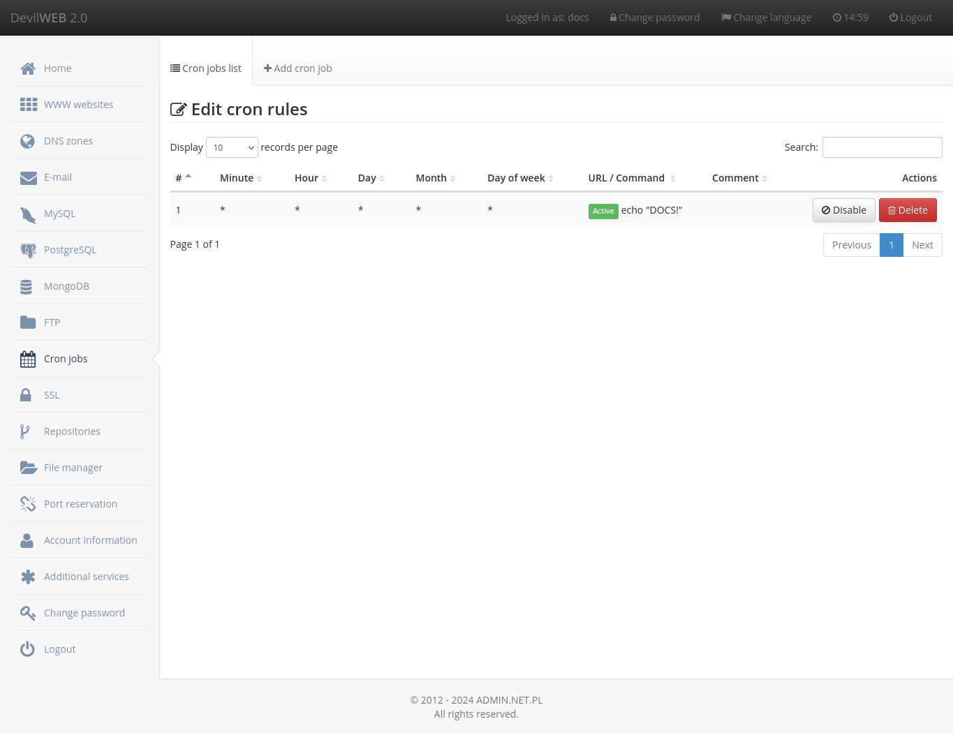 DevilWEB - list of Cron jobs